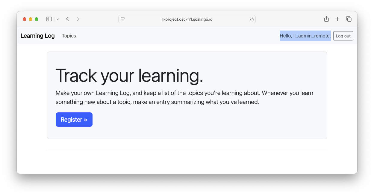 Learning Log home page, with admin username highlighted