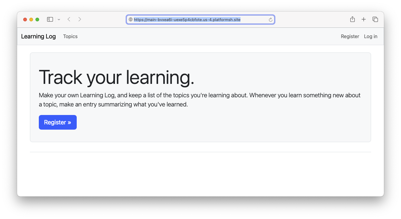 Learning Log home page, with remote URL highlighted in address bar