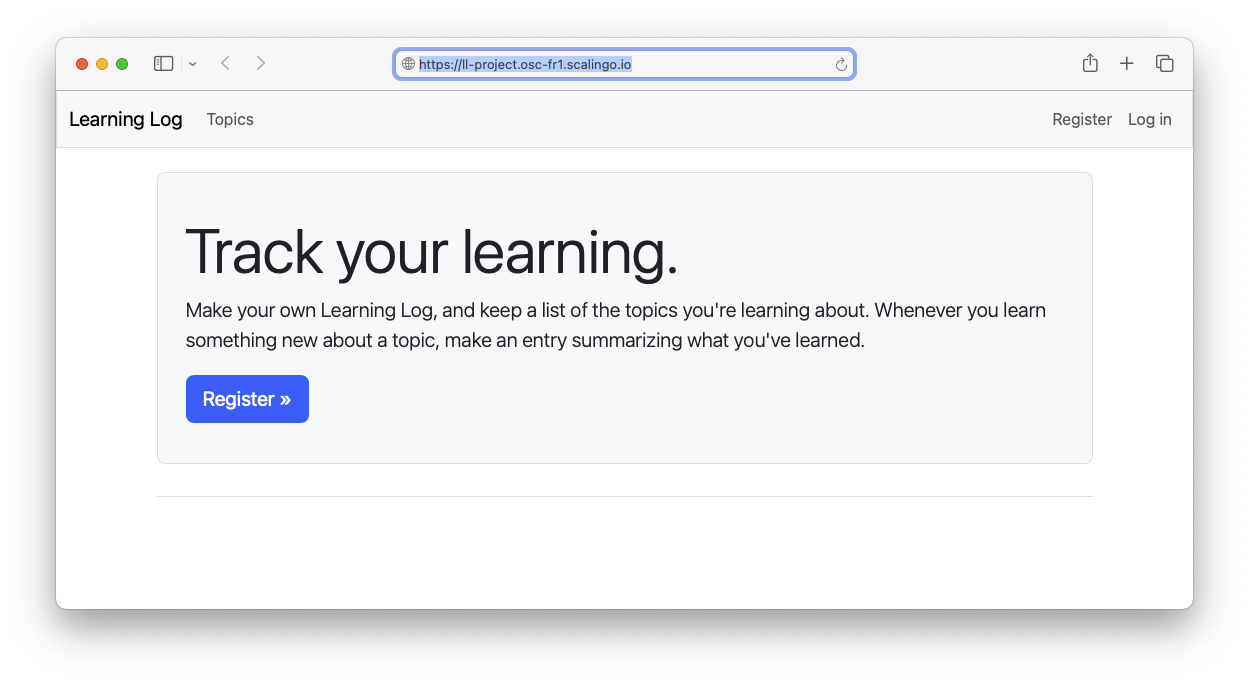 Learning Log home page, with remote URL highlighted in address bar