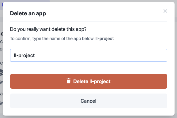 "Delete project" dialog, showing ll-project