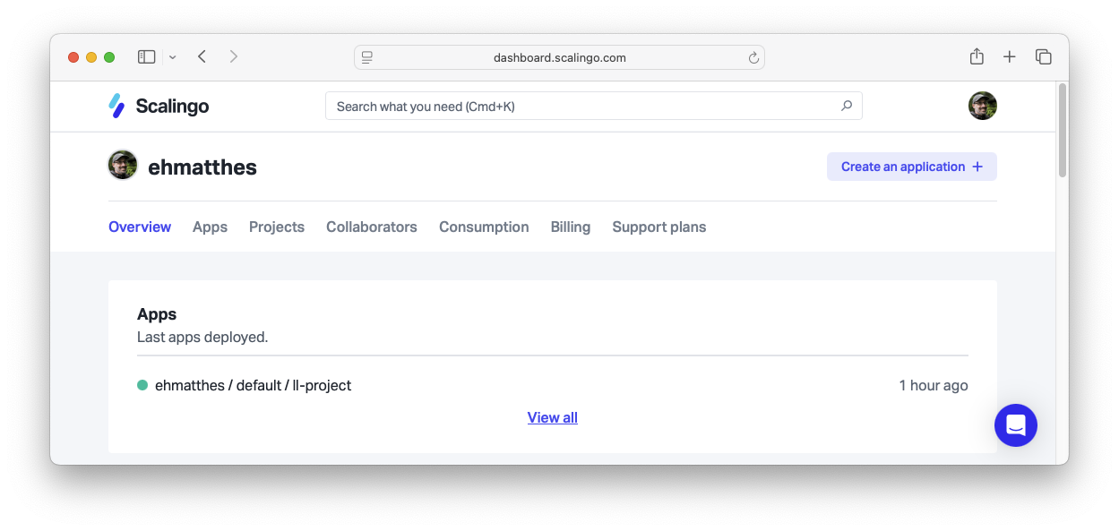 The Scalingo dashboard, showing one project named ll-project