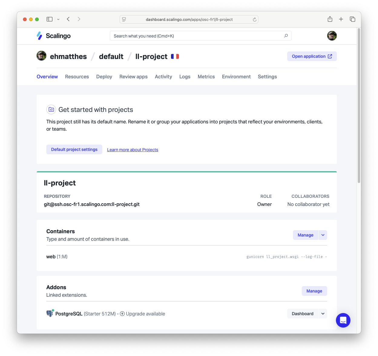 three project options: Project access, Project settings, Edit plan