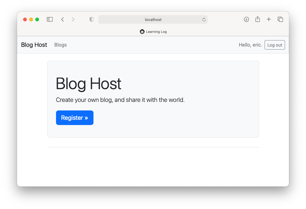 The home page for Blog Host, using Boostrap styling.