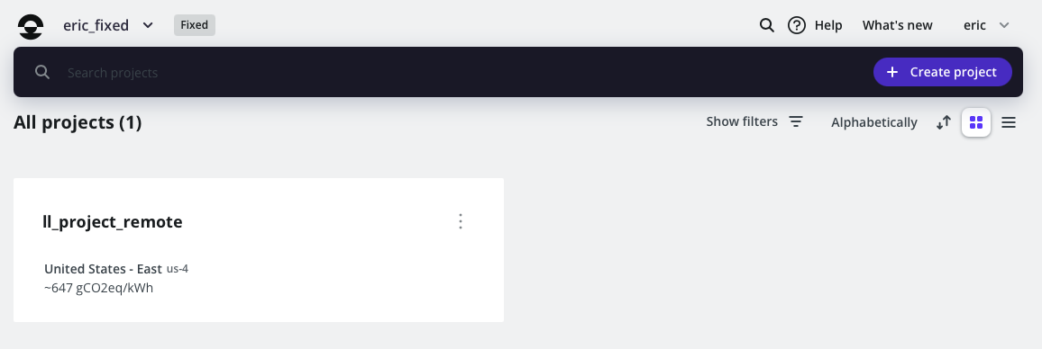 The Upsun dashboard, showing one project named ll_project_remote