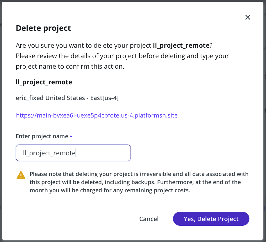 "Delete project" dialog, showing ll_project_remote