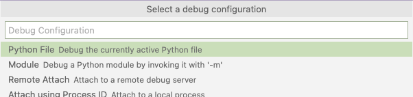 Python option after selecting Create a launch.json file